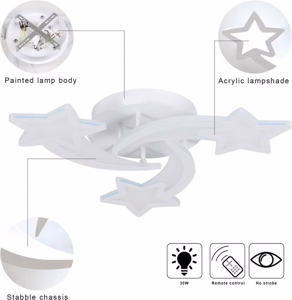 Goeco Modern Star Design LED Ceiling Light, 30W, Dimmable with Remote Control, White – 3