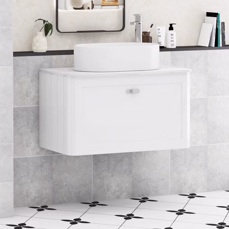 Royal Bathrooms Henley Gloss White Wall Hung Vanity Unit with Peak Basin and Chrome Knob