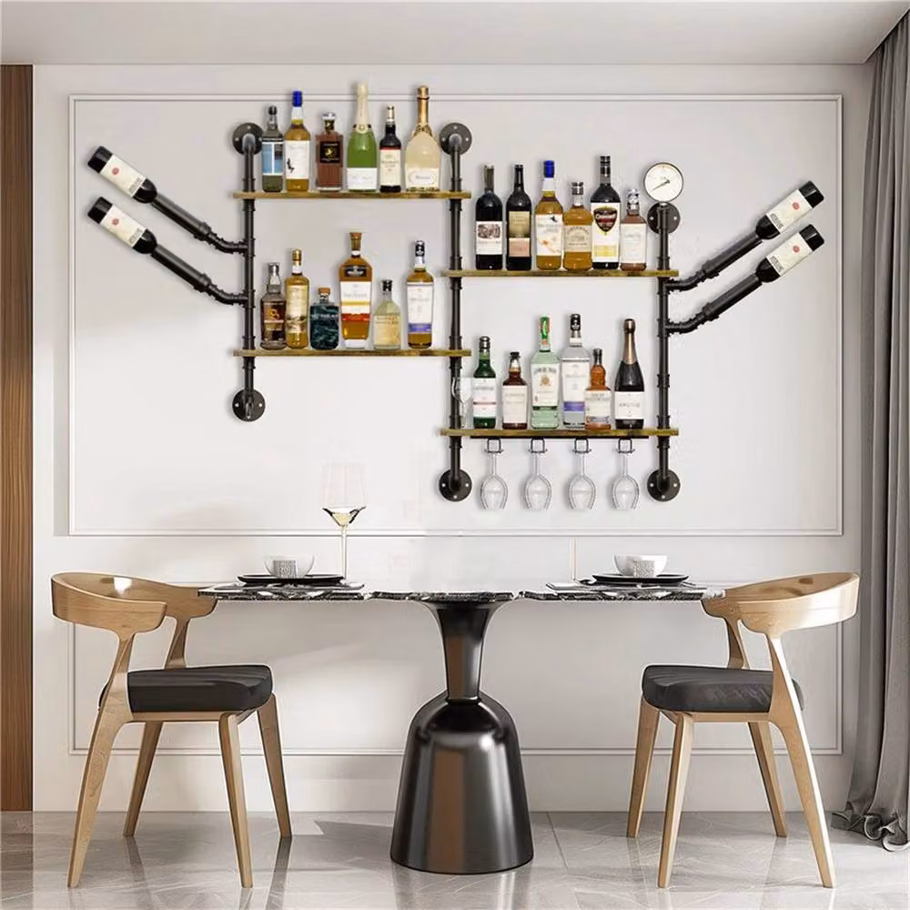 NESTLUNE Industrial Pipe Wall Mounted Wine Rack and Liquor Bottle Display in Brown, W: 100 cm, D: 15 cm – 4