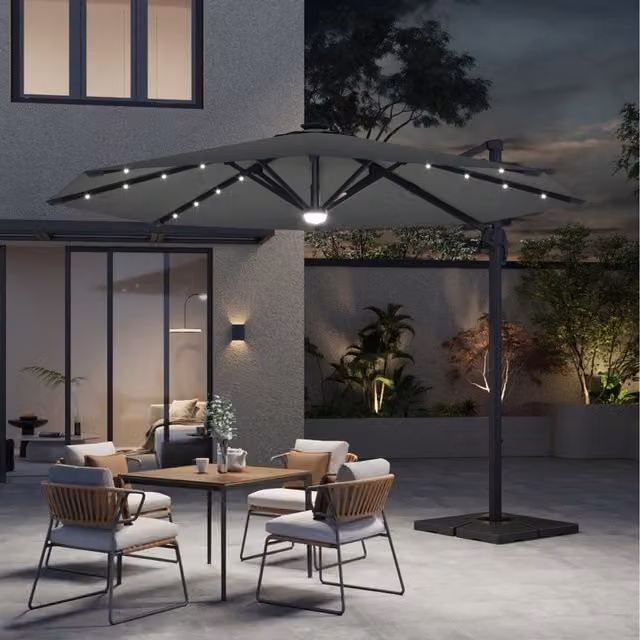 Breeins LED Cantilever Parasol with Crank and Rotating Base in Dark Grey