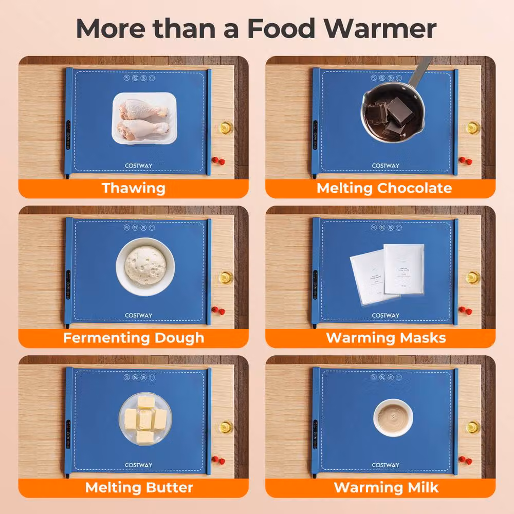 Costway Rollable and Portable Electric Silicone Food Warming Mat in Blue with Timer and Auto Shut-off – 6