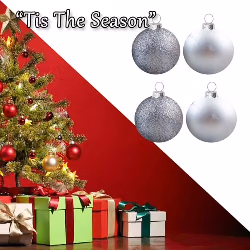 VFM e-Store Set of 4 Silver Round Christmas Bauble Hanging Tree Ornaments, 10 cm – 6