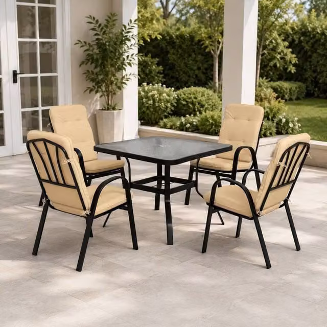 STILVORA Modern Garden Dining Set for 4 with Square Glass-Top Table and Powder Coated Steel Chairs in Beige – 1