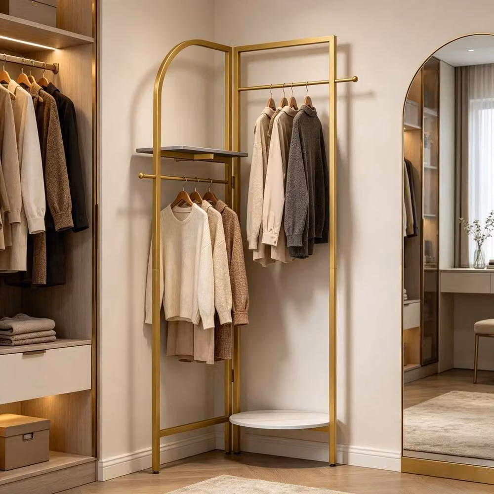 KORVIXA Freestanding Corner Clothing Rack in Matt Gold with Dual Hook and Rail Matrix – 3