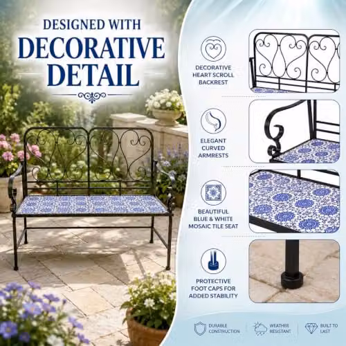 SHATCHI Porto 2 Seater Mosaic Garden Bench with Blue Ceramic Tile Seat and Lacquered Metal Frame, W: 112 cm, H: 96 cm, D: 47 cm – 7