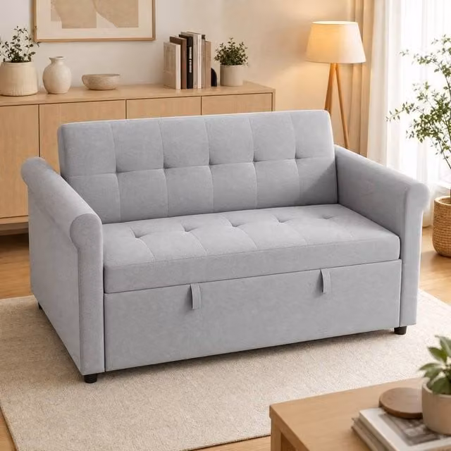 STILVORA 2-Seater Grey Velvet Fabric Sofa Bed with Adjustable Headrest and Sleeping Function