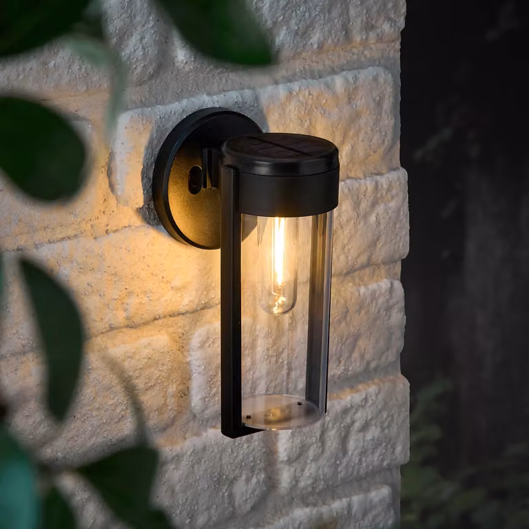 Lights4fun Wilton Solar Wall Light in Black with Warm White LED and Transparent Glass