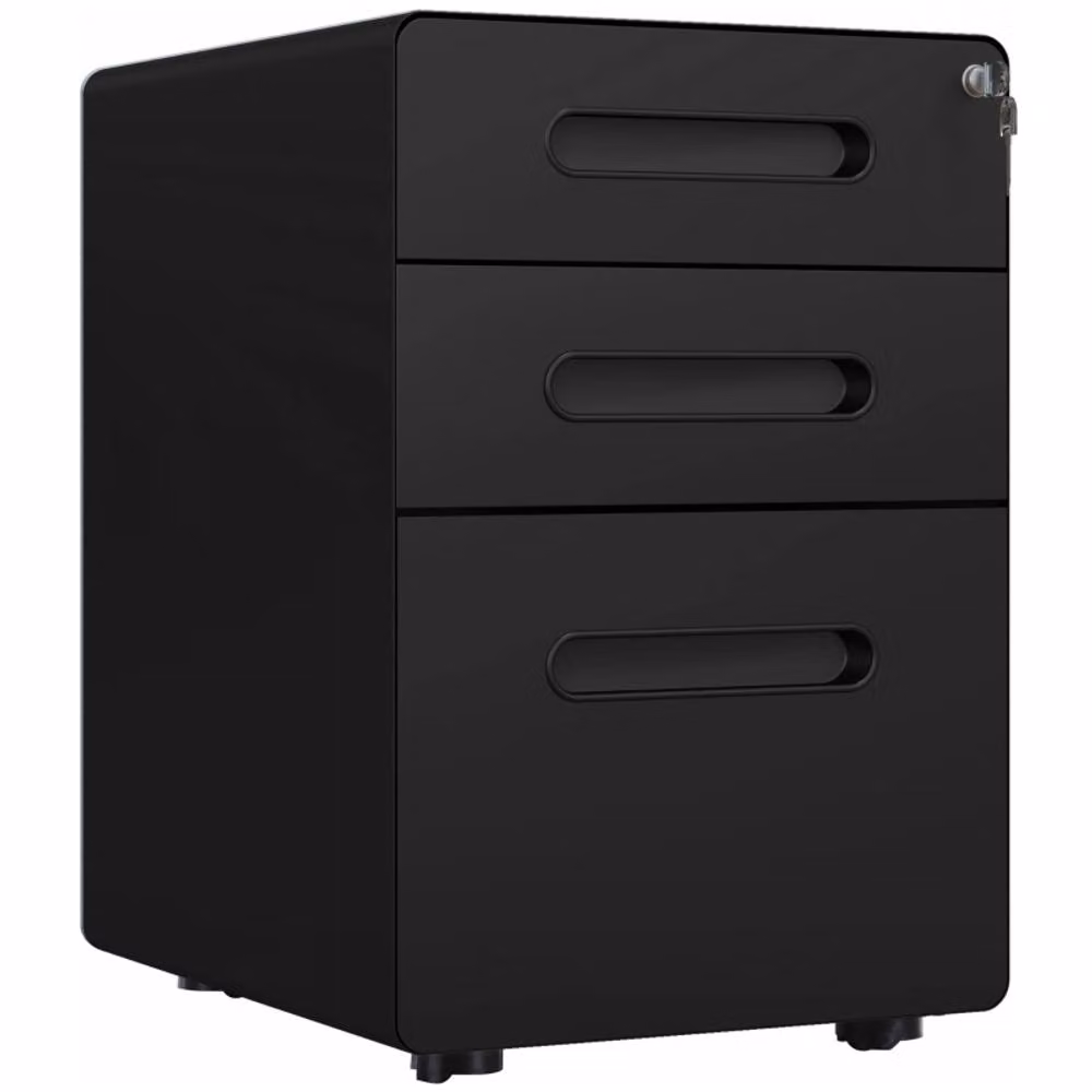STILVORA 3 Drawer Metal File Cabinet with Lock and Castors in Matt Black – 3