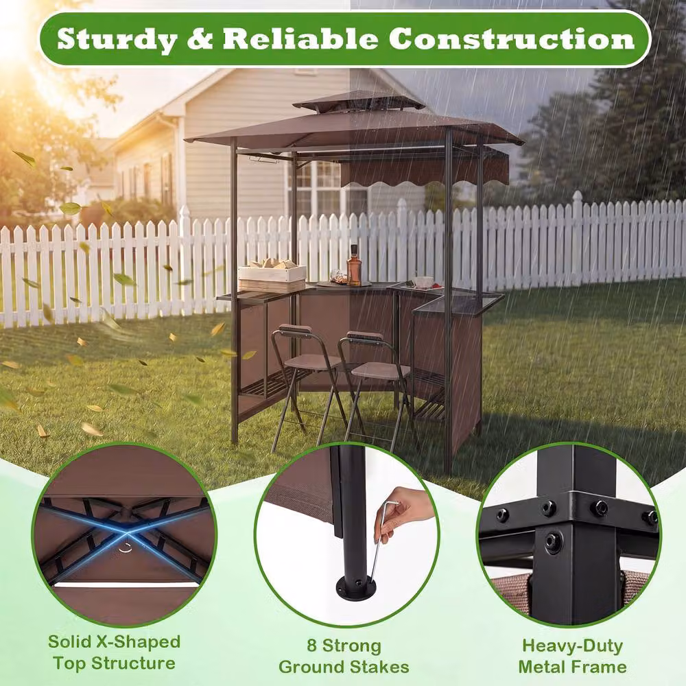 Gymax Outdoor Bar Set with Grill Gazebo, Bar Table and 2 Folding Bar Stools in Brown – 8