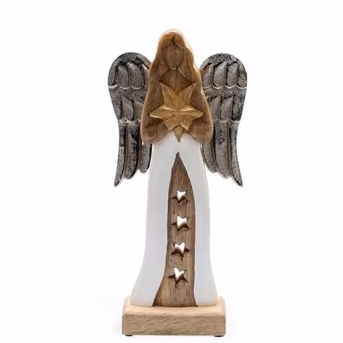 Serenityy Buddha-Buddha Handcrafted Mango Wood Star Angel Figurine with Metal Wings in Brown, Silver, Gold and White, H x W x D: 30 x 14 x 5 cm