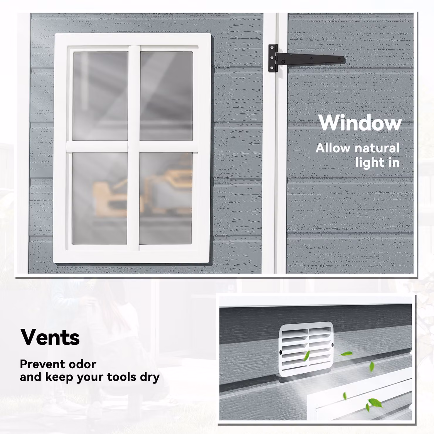 Outsunny Grey Resin Garden Storage Shed with Windows, Floor and Lockable Double Doors, W: 304.8 cm, D: 123.0 cm, H: 184.0 cm – 4