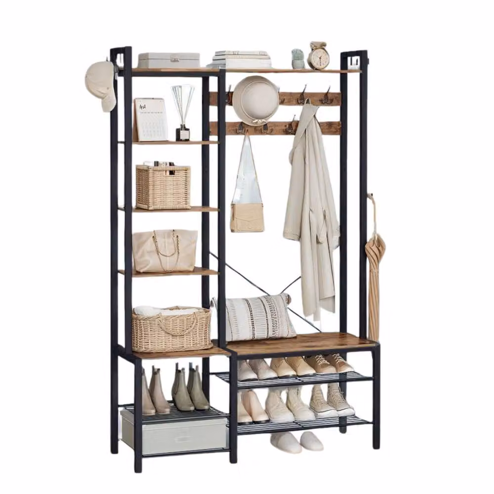 Pirlo Plush Brown Hall Tree Coat Rack Stand with Shoe Storage and Shelves – 3