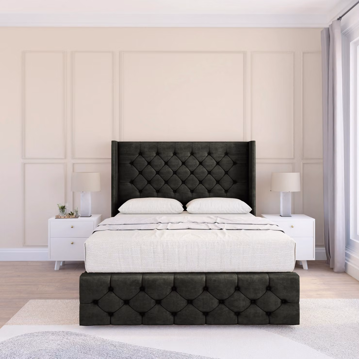 Sloomy Luthor Dumfries Black Velvet Wingback Bed Set with Floor Standing Headboard, Double W/D/H: 140 x 200 cm