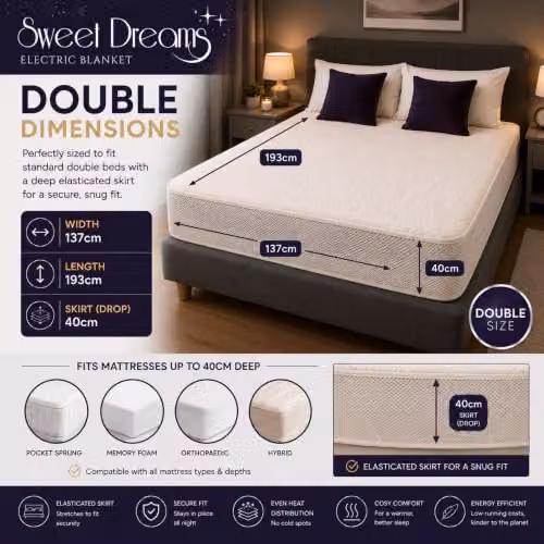Sweet Dreams White Double Size Fleece Electric Heated Mattress Cover with Overheat Protection and Timer, W/D/H: 140 x 200 cm – 2