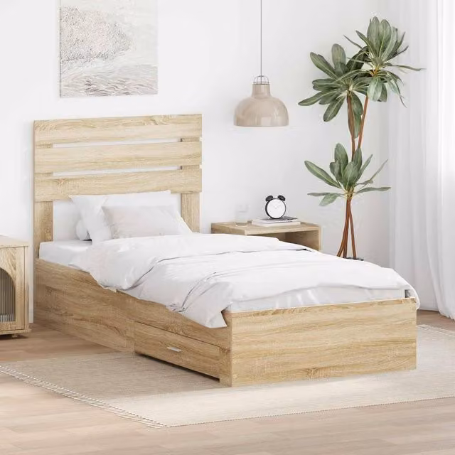 Berkfield Home Sonoma Oak and Silver Modern Bed Frame in Brown, W: 75 cm, L: 190 cm