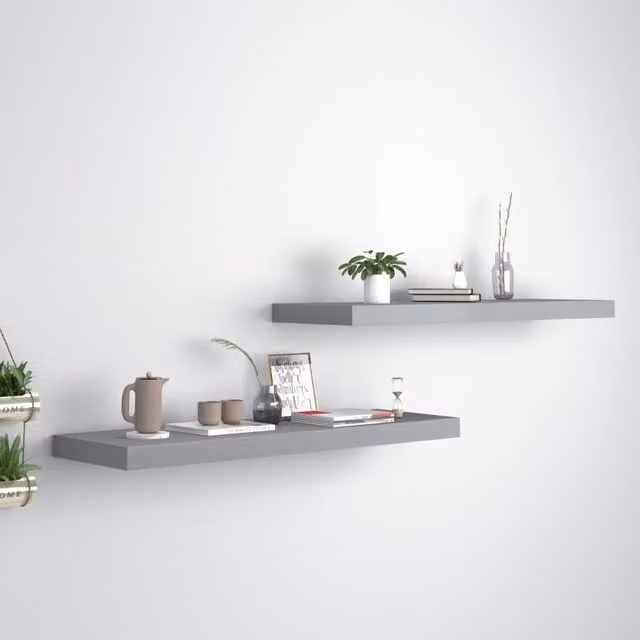Berkfield Home Floating Wall Shelves, 2 Piece Grey MDF and Metal Set, W: 80 cm, D: 23.5 cm, H: 3.8 cm