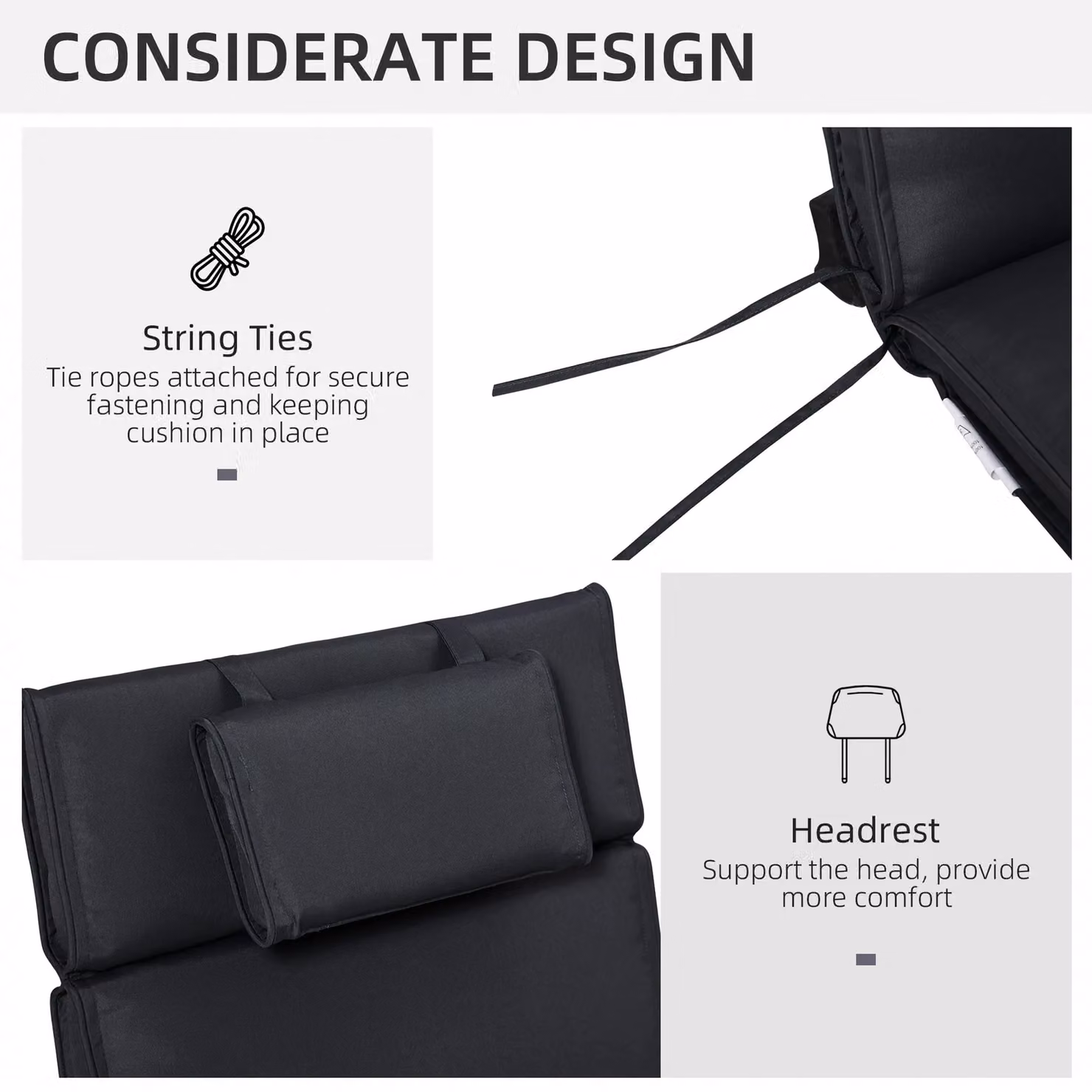 Outsunny Replacement Thick Sun Lounger Cushion with Pillow, Black – 5