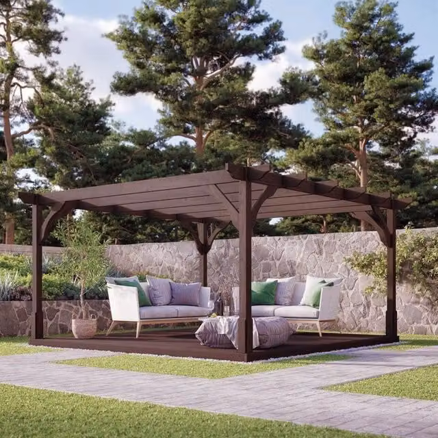 Rutland County Garden Furniture Ltd Premium Pent Pergola and Decking Kit, Rustic Brown, W: 300 cm, D: 300 cm, H: 270 cm