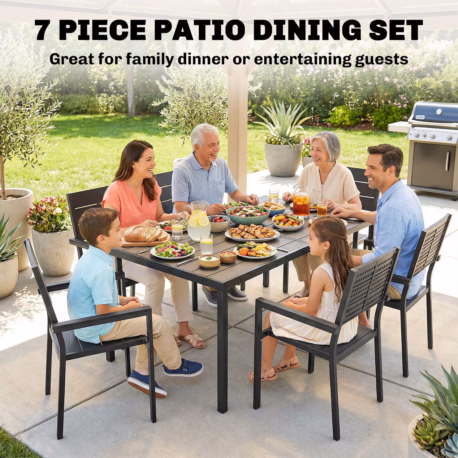 Outsunny 7 Piece Outdoor Dining Set with Rectangular Composite Slatted Tabletop and Chairs for Garden and Terrace – 4