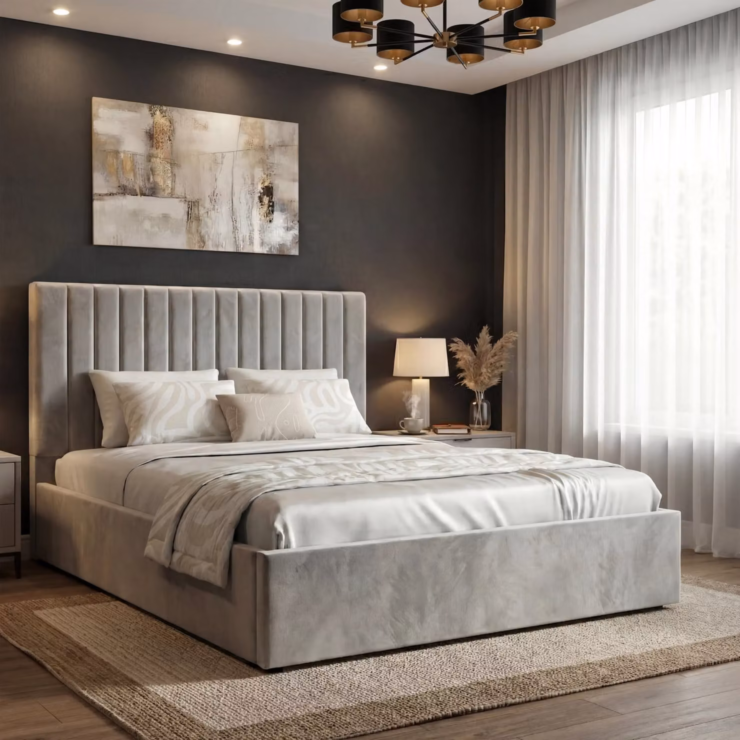 DHS Vertical Line Double Ottoman Storage Bed Frame in Light Grey Velvet