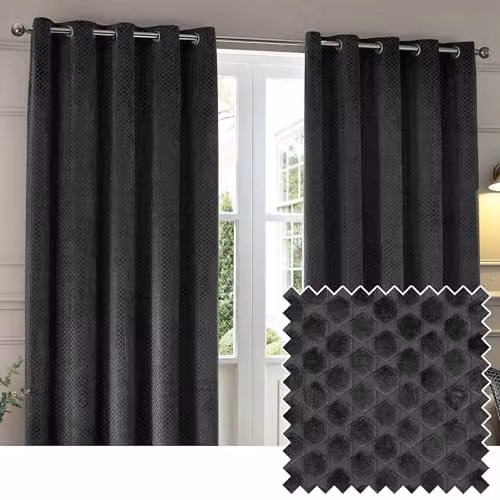 Paoletti Neptune Geometric Velvet Blackout Eyelet Curtains, Anthracite Grey, W: 168 cm, H: 137 cm