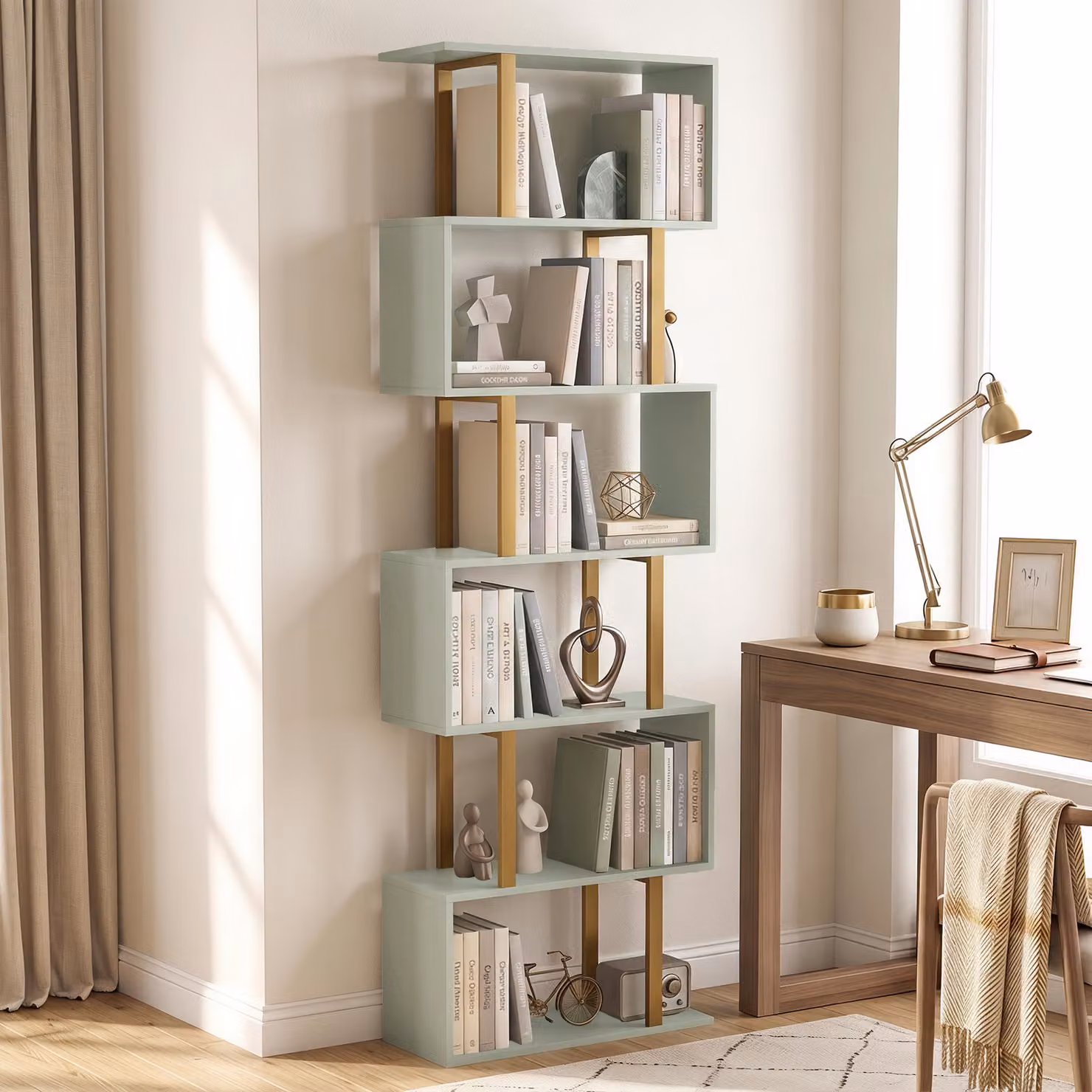 HOMCOM 5-Tier S-Shaped Freestanding Bookshelf in Green and Gold, H 188 x W 60 x D 23.5 cm – 2