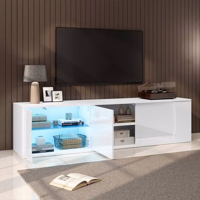 Matteo White High-Gloss LED TV Cabinet with Tempered Glass and MDF Storage, W: 180 cm, D: 40 cm, H: 45 cm