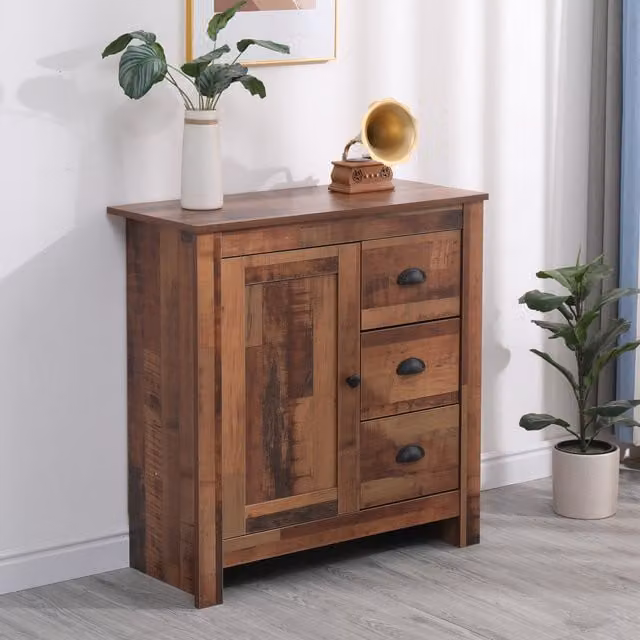HMD Furniture Match Brown Rustic Wooden Living Room Cabinet with 1 Door and 3 Drawers