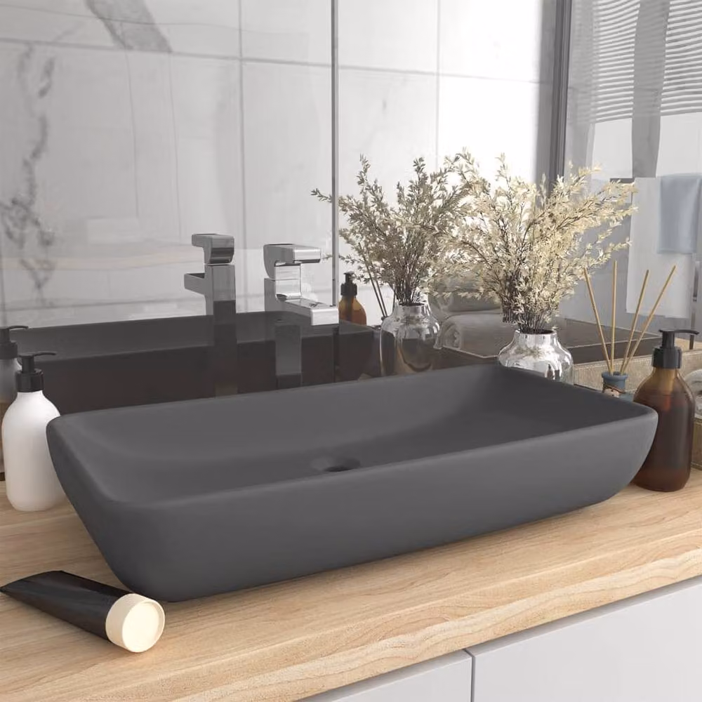 Berkfield Home Luxury Rectangular Ceramic Basin in Matt Dark Grey, W: 71 cm, D: 38 cm – 2