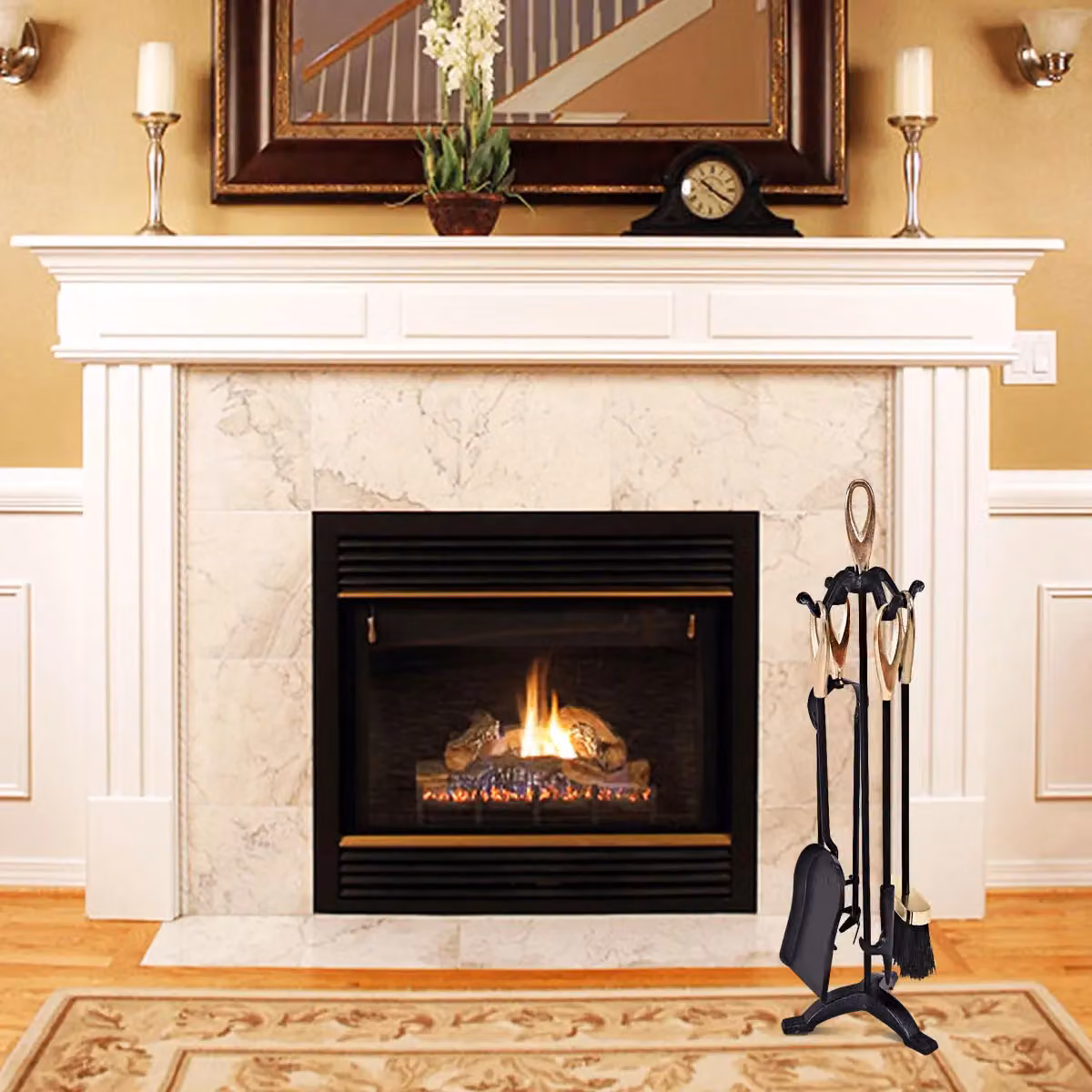 Costway 5 Piece Wrought Iron Fireplace Companion Set with Tongs and Shovel in Black – 3