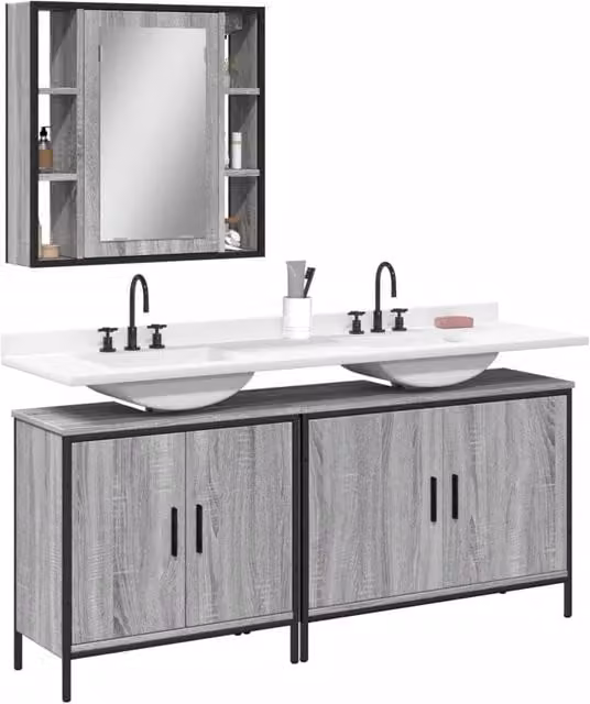 Berkfield Home 3 Piece Grey Modern Bathroom Cabinet Set with Mirror Cabinet – 1