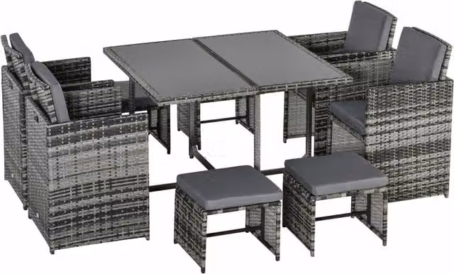 Outsunny 9-Piece Rattan Garden Dining Set with Glass Table and 8 Stools in Mixed Grey