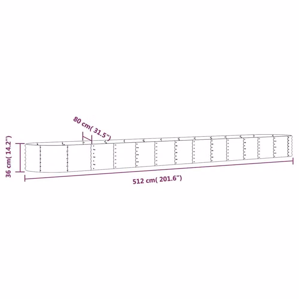 Berkfield Home Garden Raised Bed in Brown Powder-coated Steel, W: 512 cm, D: 80 cm, H: 36 cm
