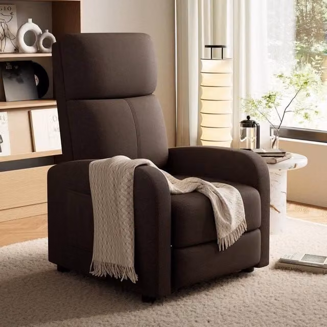 London Boutique Brown Fabric Manual Recliner Chair with Cushion and Side Pocket – 1