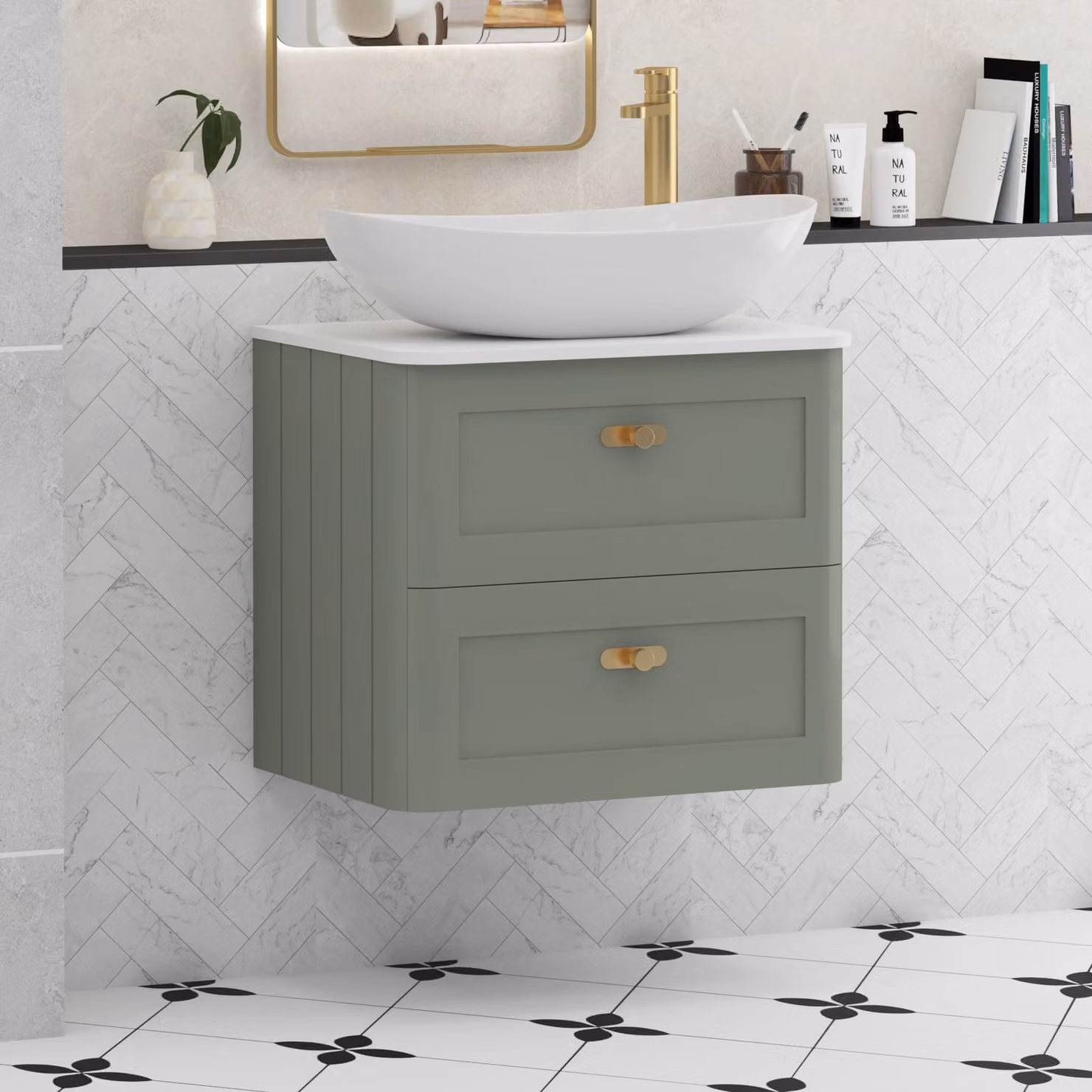 Royal Bathrooms Henley 600mm Wall Hung Vanity Unit in Sage Green with 2 Drawers, Plain White Worktop, Cesar Basin and Brushed Brass Knob