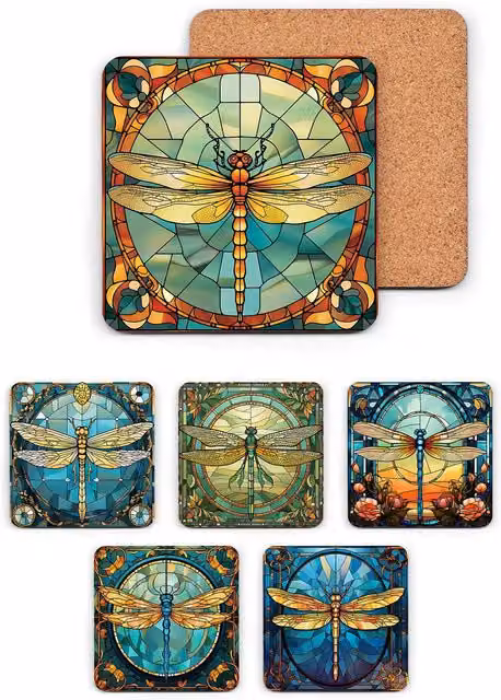 Bad Zebedee Stained Glass Dragonfly Print MDF Coasters, Multicolour, 6 Pack