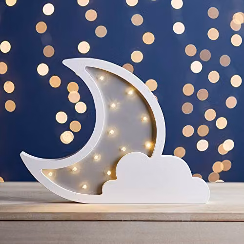 Lights4fun Wooden Moon and Cloud Battery Operated Table or Wall Night Light with Warm White LED and Timer, White, W/D/H: 30.0 x 23.0 x 2.5 cm – 2