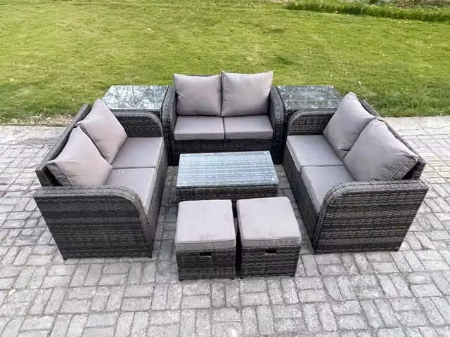 Fimous 8 Seater Grey Wicker PE Rattan Garden Furniture Set with U-Shape Lounge Sofa, Coffee Table, Side Tables and Footstools