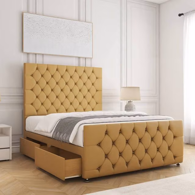 BSSPOKE Maya Plush Velvet Small Double Divan Bed with 54 inch Headboard and 2 Side Drawers in Mustard Yellow, W/D/H: 120 x 200 x 30.48 cm