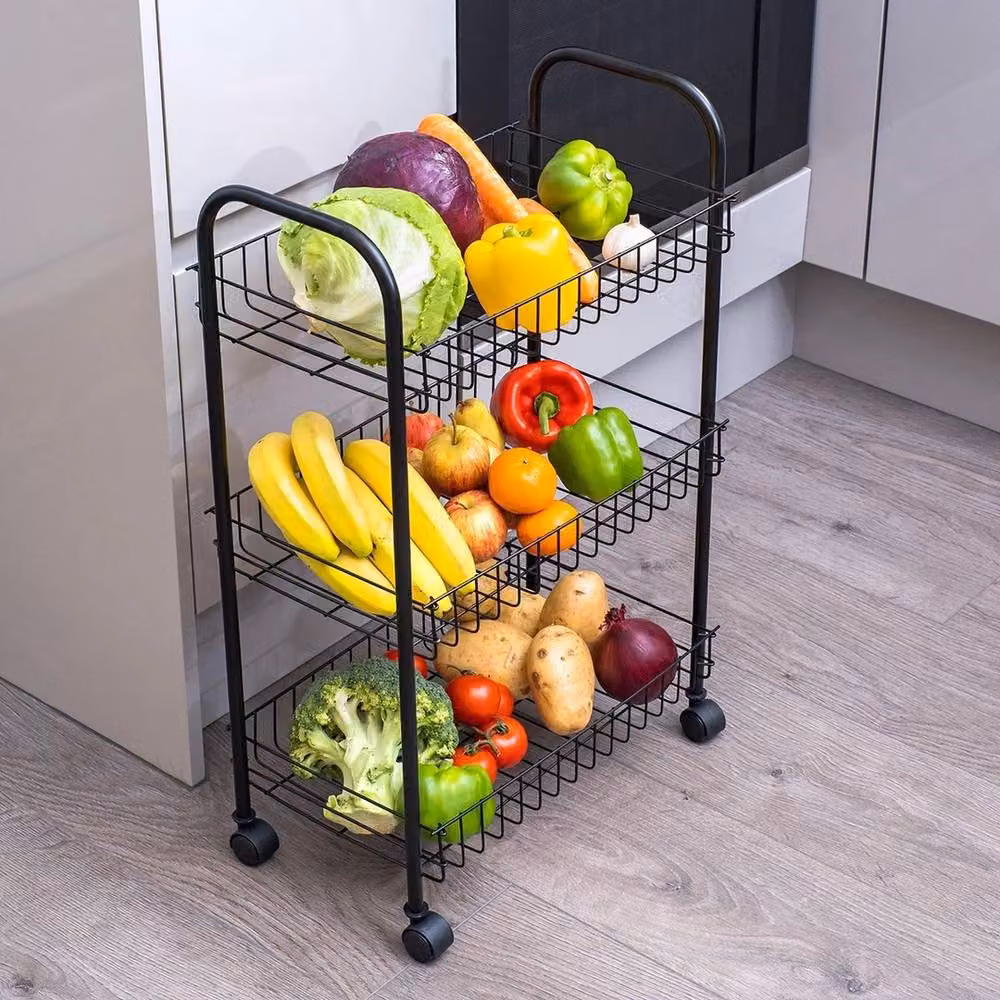 VOGREX Black 3-Tier Rolling Metal Fruit and Vegetable Storage Trolley Cart, W/D/H: 40 x 40 x 64 cm – 3