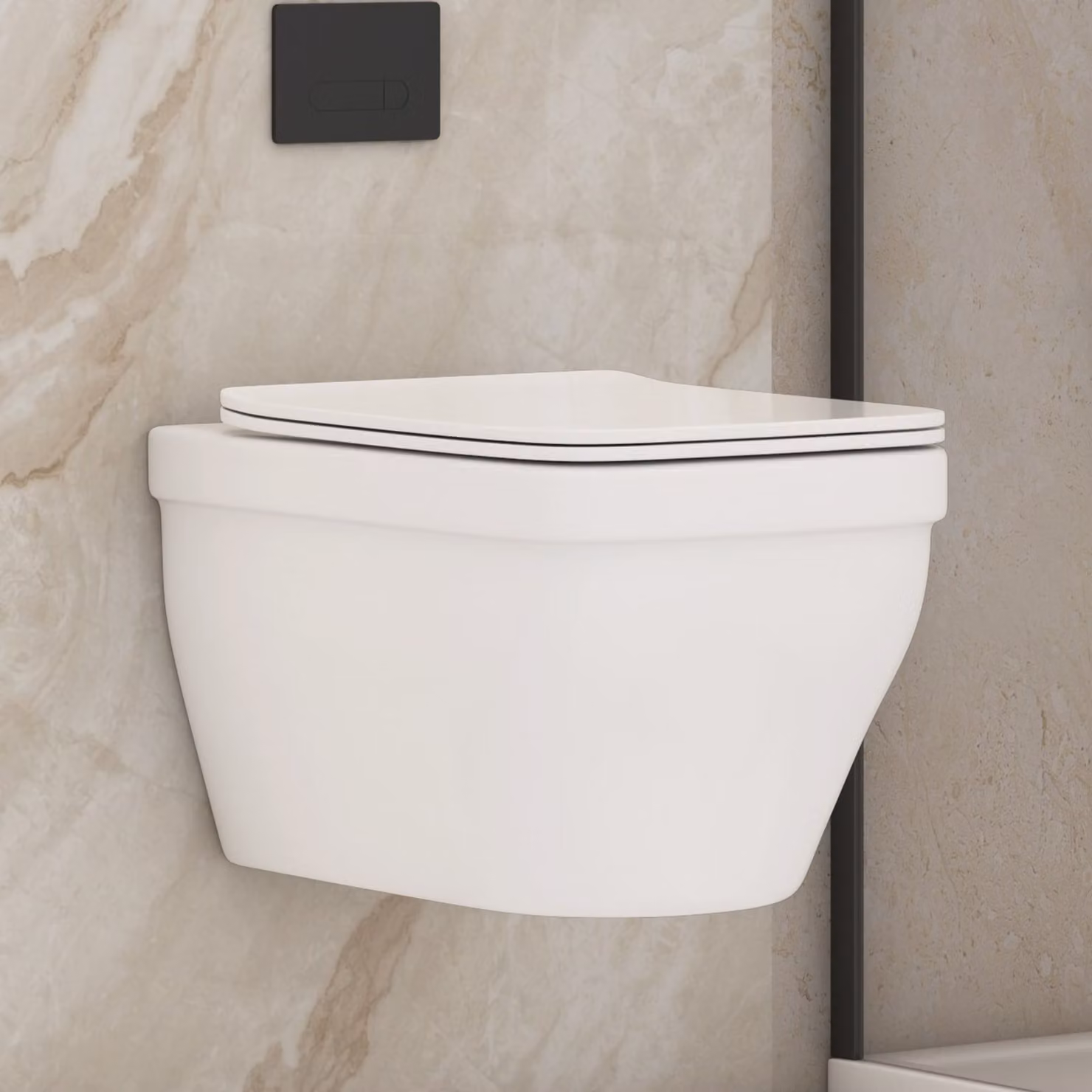 Royal Bathrooms Evora Short Projection Wall Hung Rimless Ceramic Toilet Pan with Slim Soft Close Seat, White