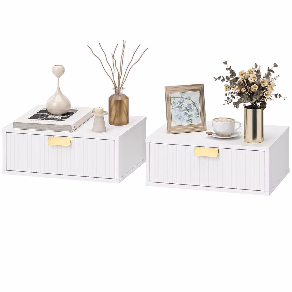 STILVORA Set of 2 Modern White Wall Mounted Floating Bedside Tables with Drawer – 3
