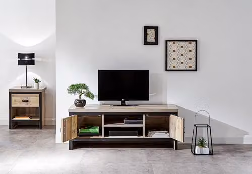 GFW Boston Industrial TV Unit with Oak Wood Effect and Grey Frame, W: 113.0 cm, H: 39.2 cm, D: 43.0 cm – 2