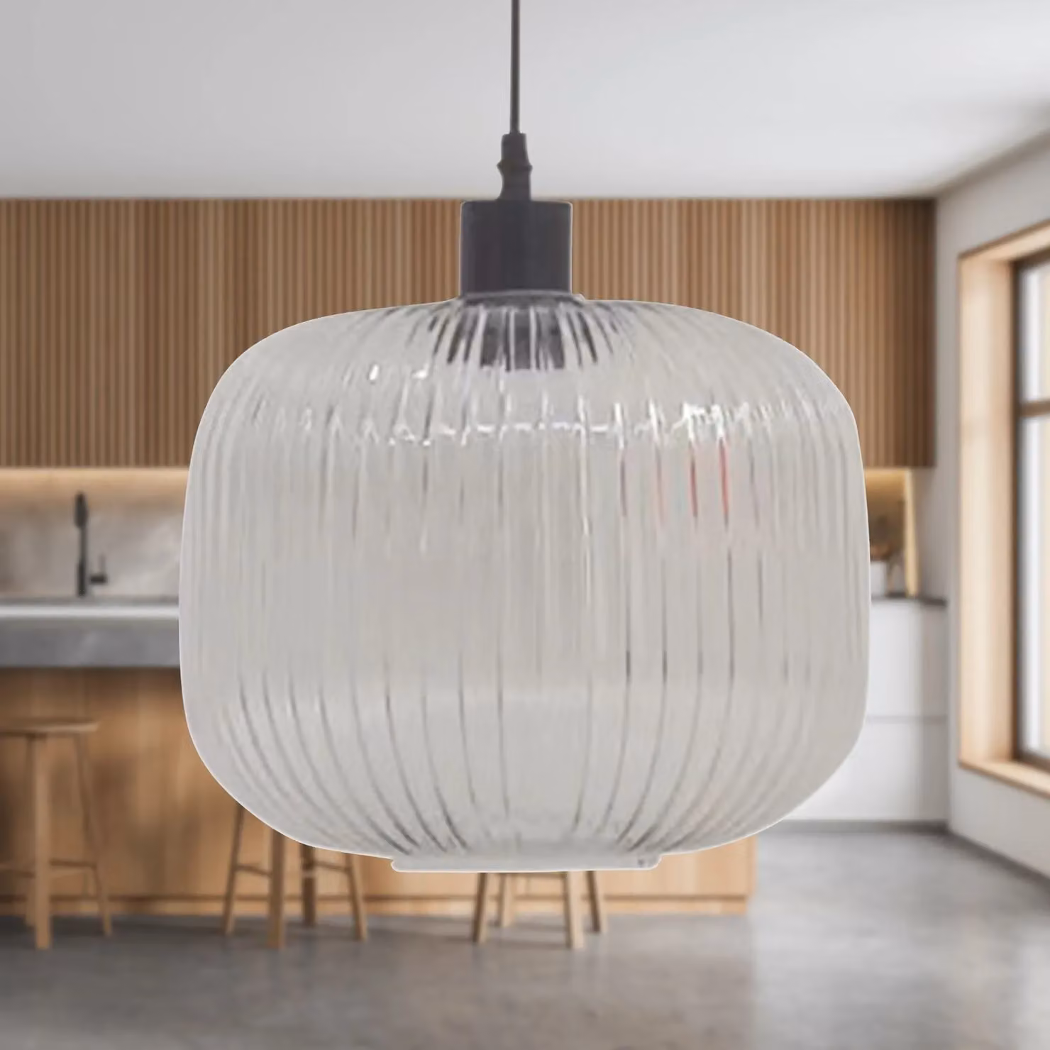 First Choice Lighting Batley Large Pendant Light with Transparent Ribbed Glass and Black Fitting – 2