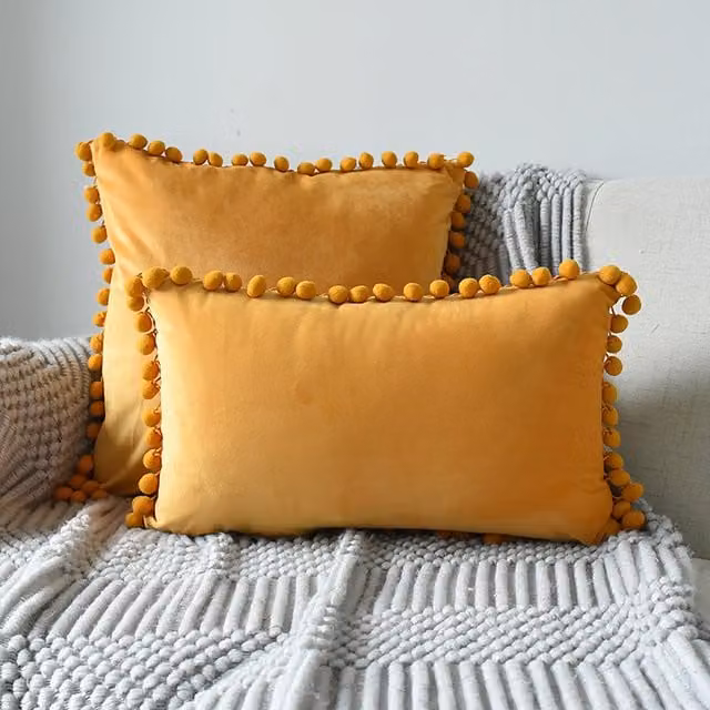 Livingandhome Yellow Velvet Rectangular Throw Pillowcase with Pom Pom Ball Fringe