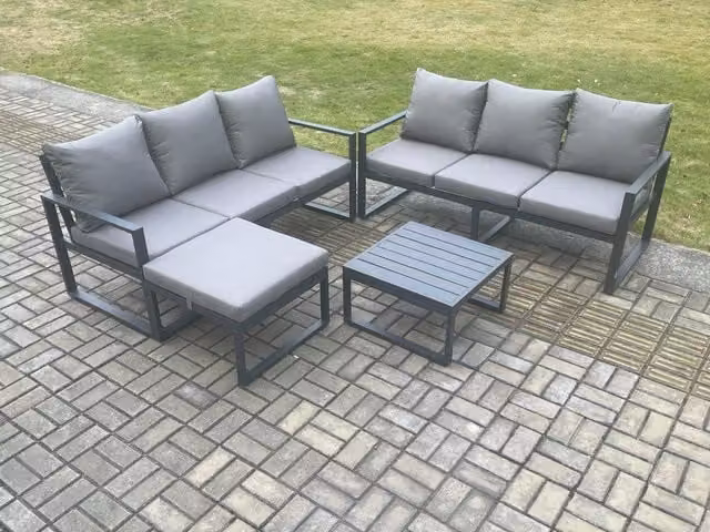 Fimous 7 Seater L-Shape Garden Furniture Set in Dark Grey with Powder Coated Aluminium Frame, Cushions, Coffee Table and Ottoman