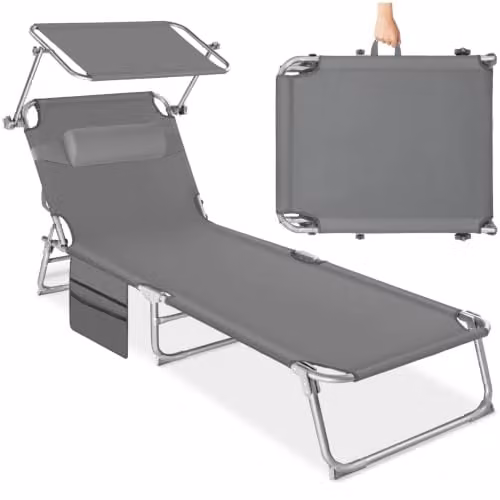 tectake Folding Sun Lounger with Sun Canopy and Adjustable Headrest in Grey, W/D/H: 190 x 68 x 111 cm – 1