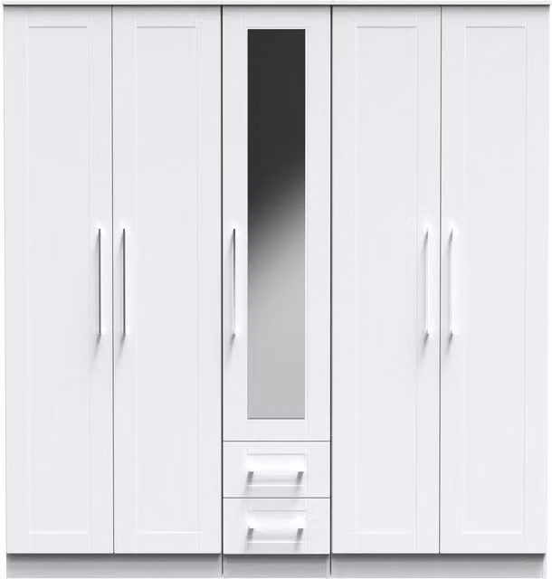 2 U Ripon Ready Assembled Tall 5 Door Wardrobe with 2 Drawers and Mirror in White
