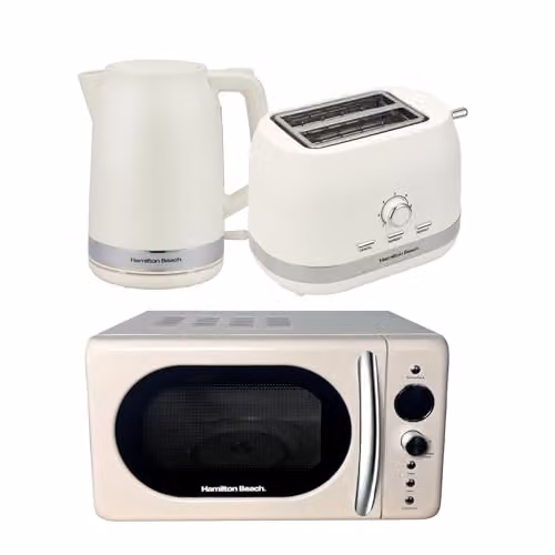 Hamilton Beach Ella Retro Kitchen Appliance Set in Latte Beige, including 1.7L Electric Kettle, 2-Slice Wide Slot Toaster and 20L Microwave