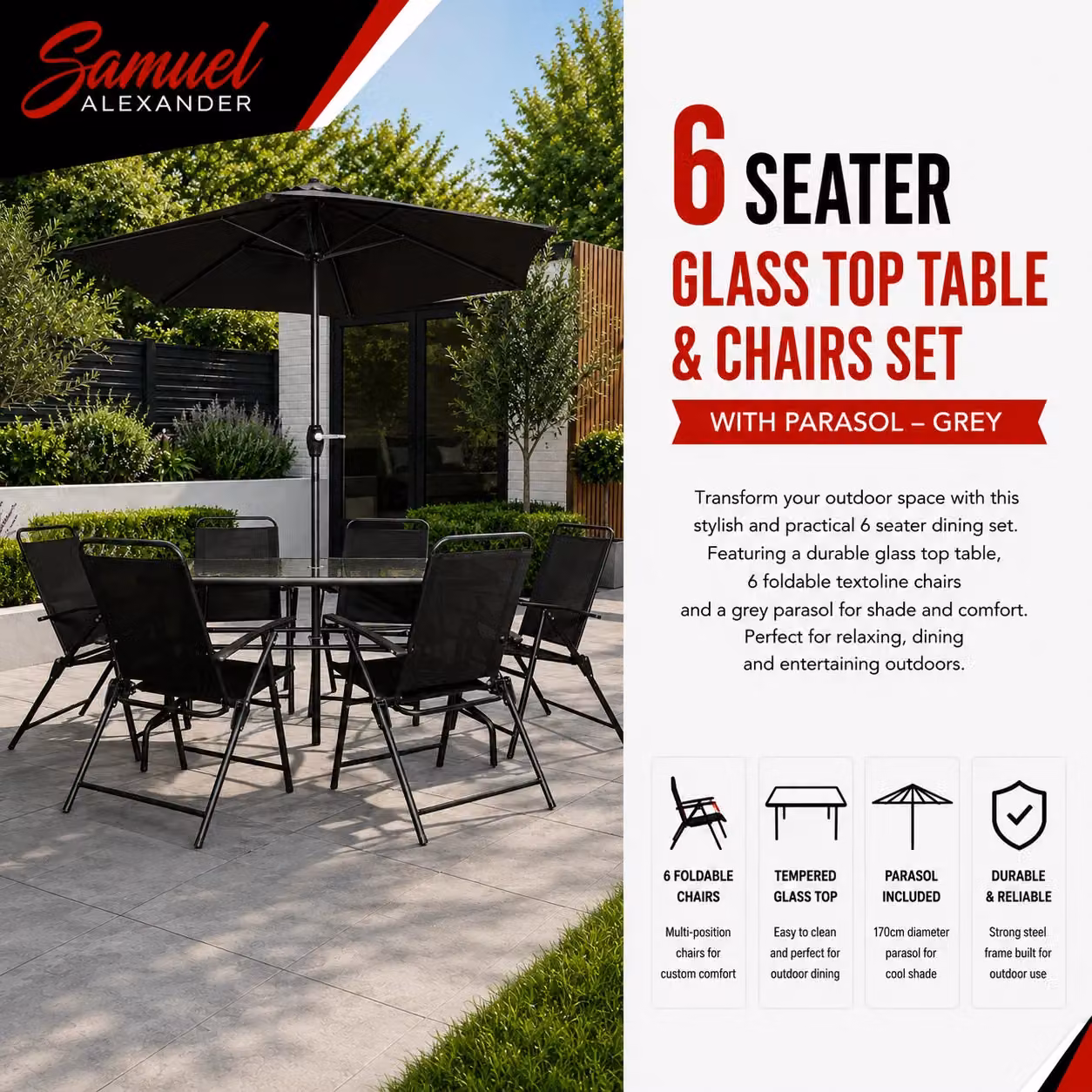 Samuel Alexander 6 Seater Black Glass Top Patio Set with Table and Chairs – 3